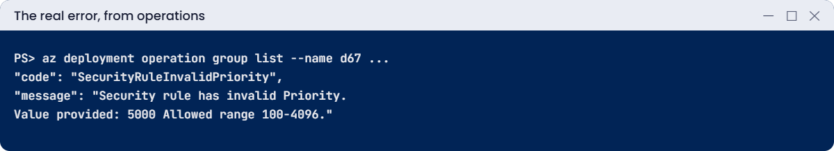 Failed deployment operation with SecurityRuleInvalidPriority