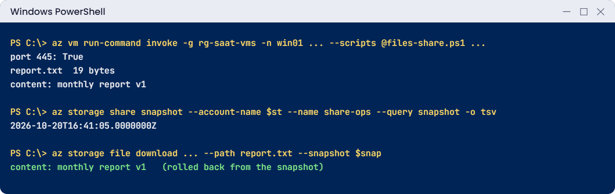 Azure file share lab: mounted on win01, snapshot and rollback