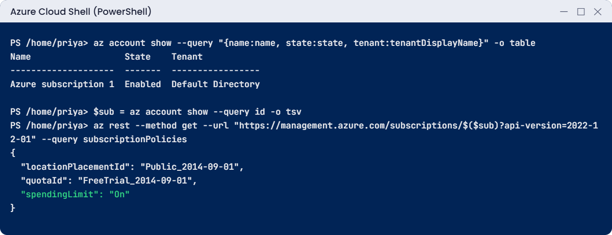 Azure free account setup check in Cloud Shell: FreeTrial quota ID and spending limit On