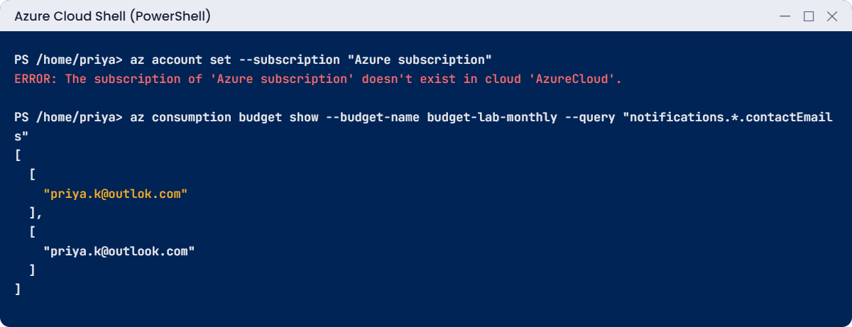 Azure free account setup errors: wrong subscription name and a typo in the budget email