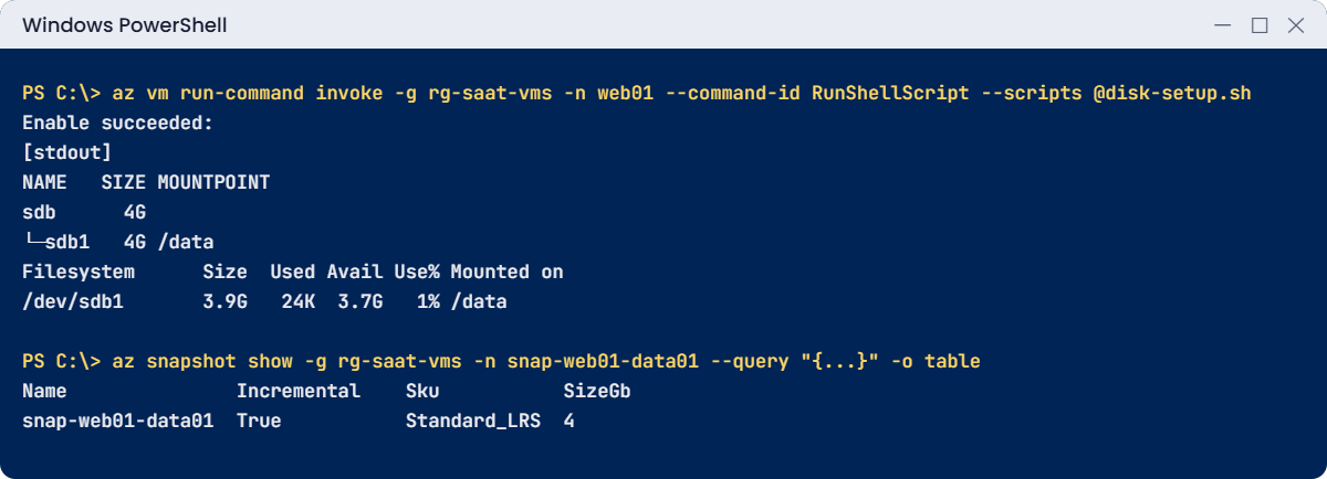 Azure managed disks lab: data disk mounted on /data and an incremental snapshot