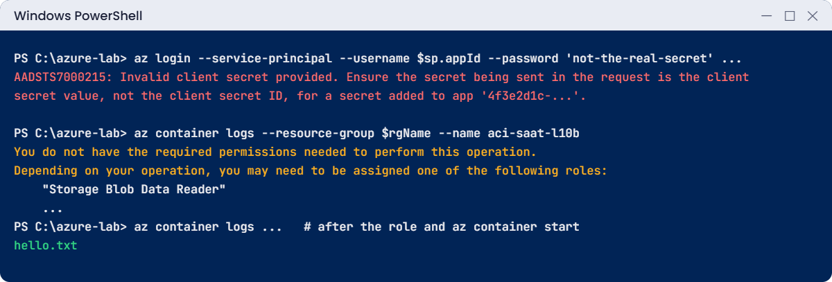 Azure managed identity errors: invalid client secret and missing data role