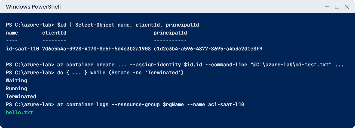 Azure managed identity lab: a container lists a blob with no secret