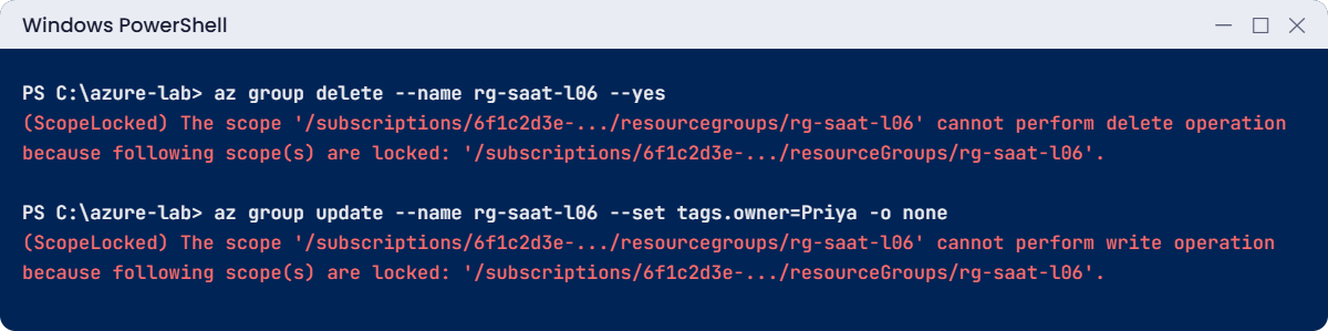 Azure management groups lab errors: ScopeLocked on delete and on write