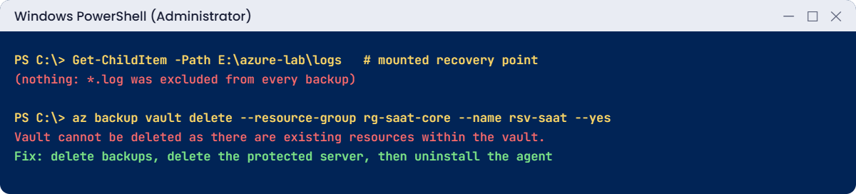 Azure MARS agent errors: excluded files and a vault that will not delete