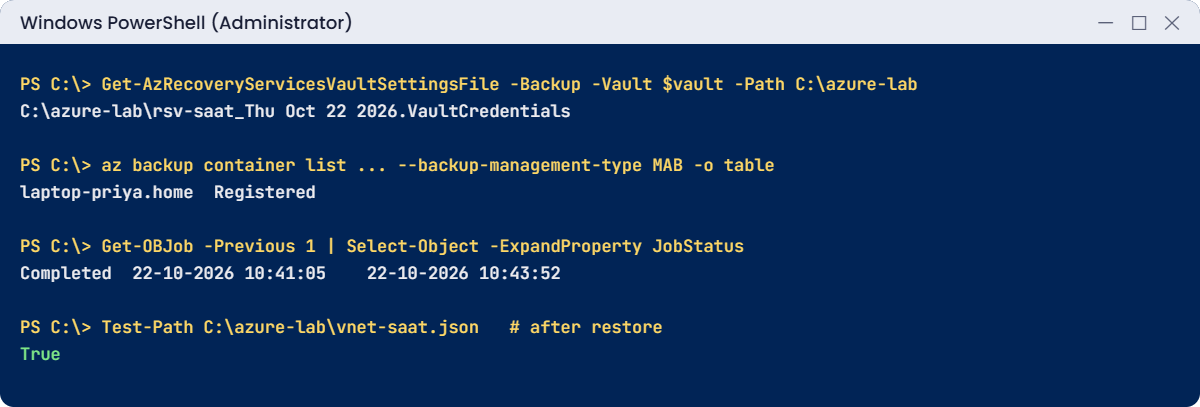 Azure MARS agent lab: credentials, registration, backup job and restore