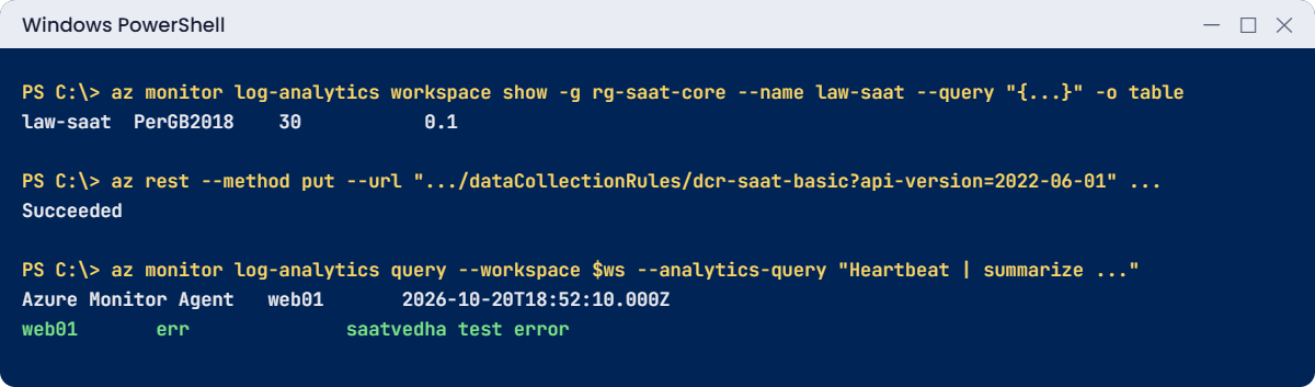Azure Monitor Agent lab: workspace, DCR and heartbeat query