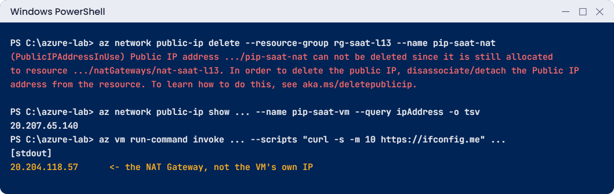 Azure NAT Gateway lab errors: PublicIPAddressInUse and the VM public IP not used