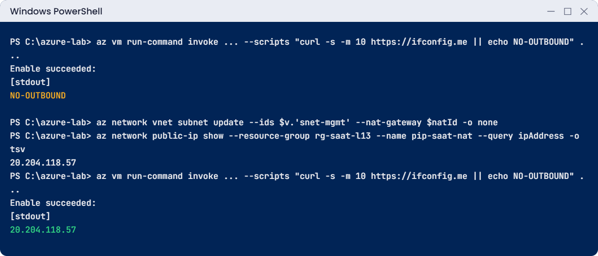 Azure NAT Gateway lab: no outbound, then the NAT public IP