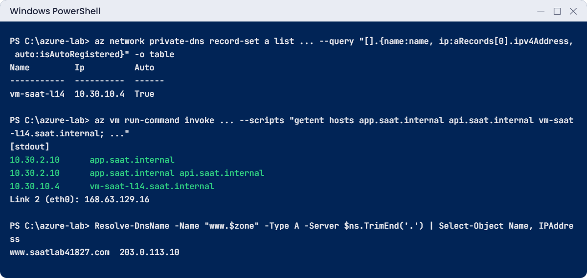 Azure private DNS zone lab: auto-registered VM and getent lookups
