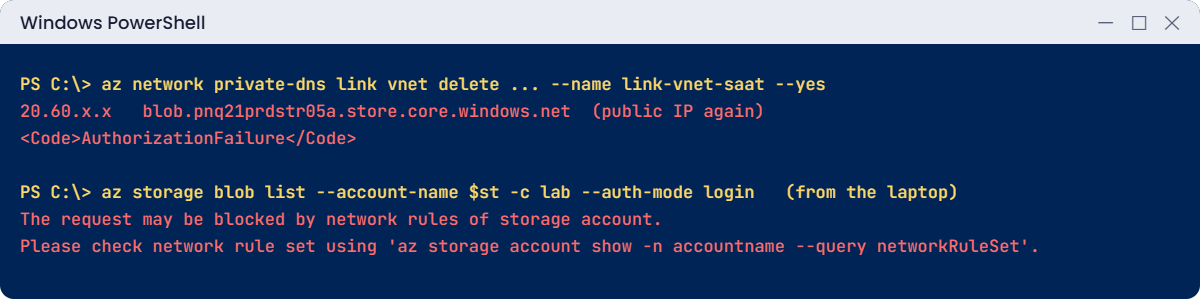 Azure private endpoint errors: missing VNet link and blocked laptop