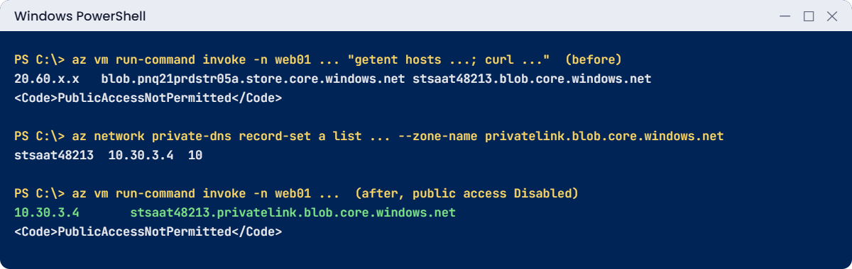 Azure private endpoint lab: web01 resolves the storage account to 10.30.3.4