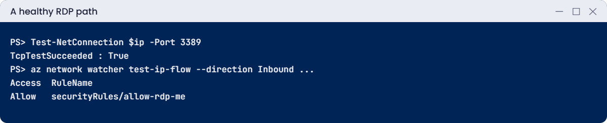 Healthy RDP path with TCP success and NSG allow