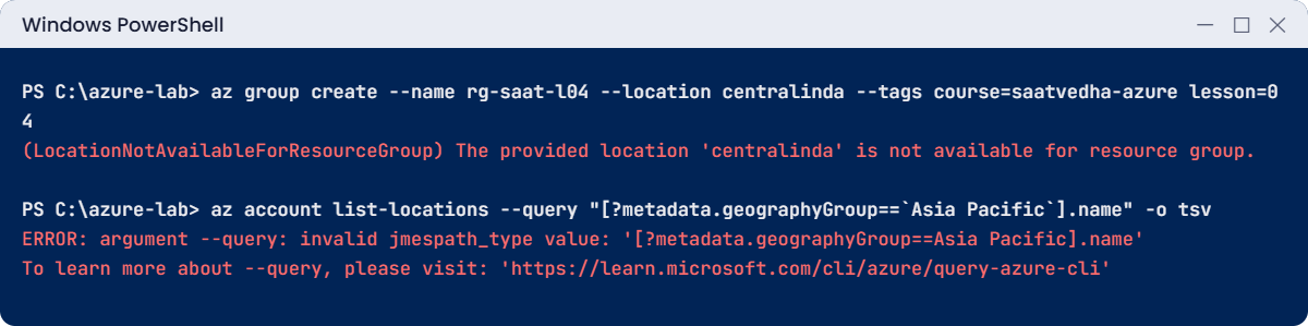 Azure regions and availability zones errors: location typo and backticks in a PowerShell query