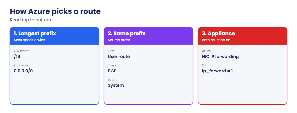 How Azure picks a route: longest prefix, then user, BGP, system