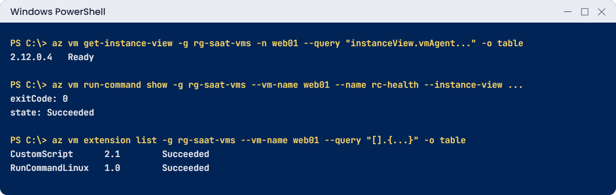 Azure Run Command lab: agent Ready, managed run command and extensions