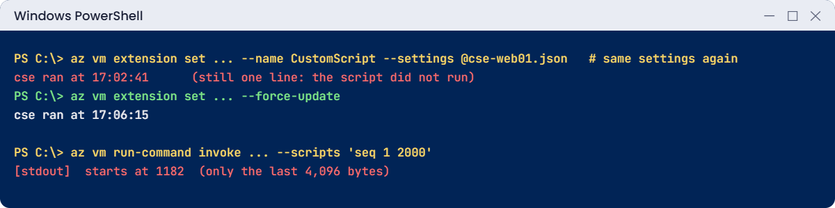 Azure Run Command problems: unchanged extension settings and cut output