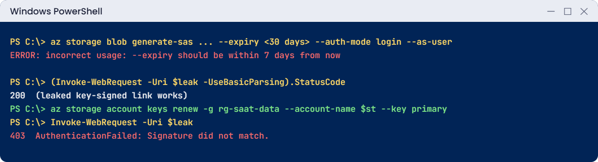 Azure SAS token errors: 7-day limit and a leaked link closed by key rotation