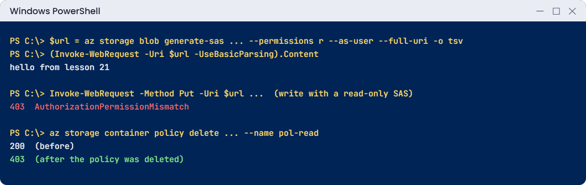 Azure SAS token lab: read-only link, refused write and revoked policy