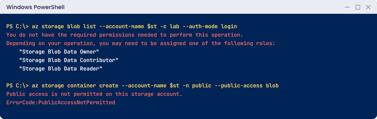 Azure storage account errors: missing data role and public access not permitted