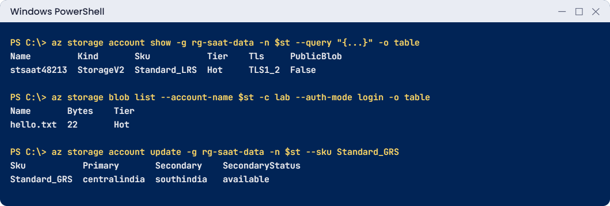Azure storage account lab: secure defaults, a blob upload and GRS