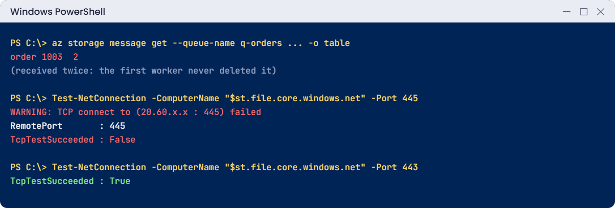Azure storage types problems: a returning queue message and blocked SMB port 445