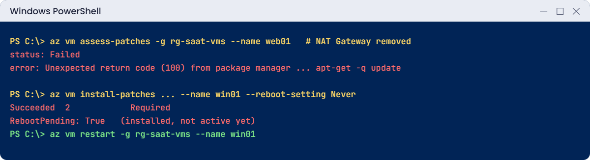 Azure Update Manager errors: failed assessment and pending reboot