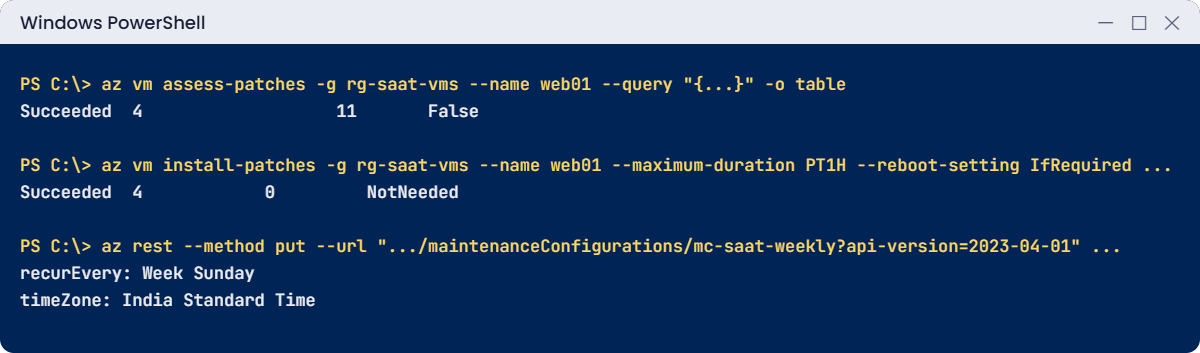 Azure Update Manager lab: assessment, install and weekly schedule