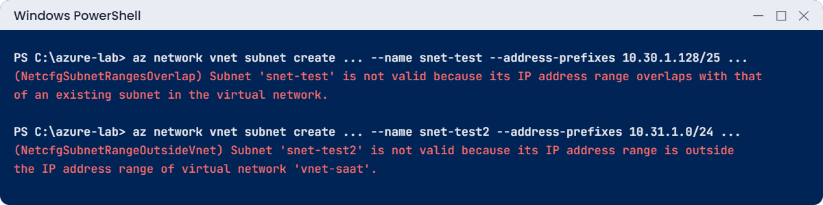 Azure virtual network errors: overlapping subnet and subnet outside the VNet