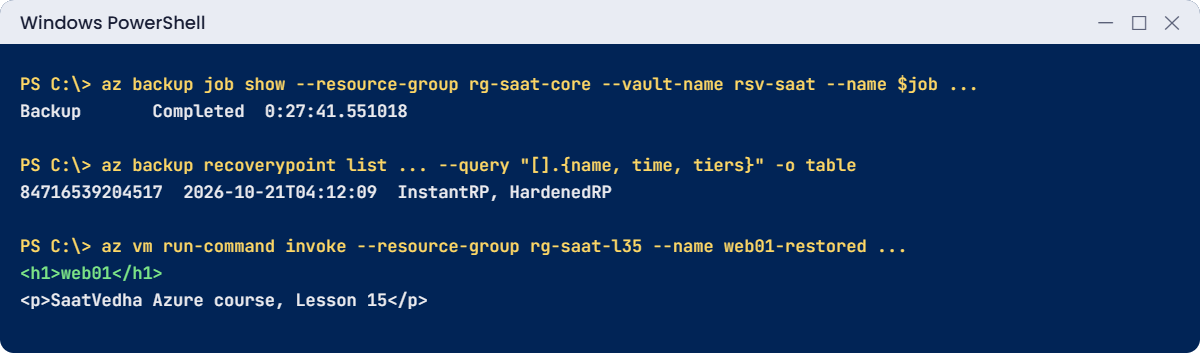 Azure VM backup lab: backup job, recovery points and a restored VM