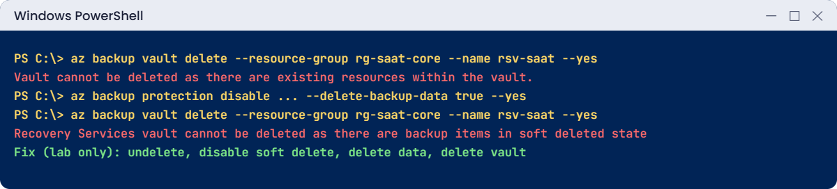 Azure VM backup errors when deleting a Recovery Services vault