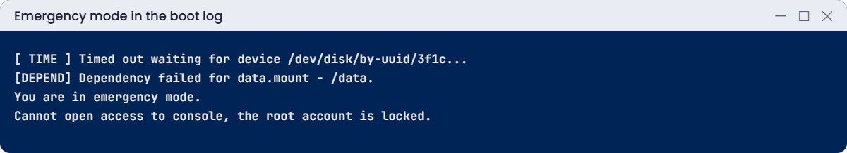 Boot log showing emergency mode after a missing data disk