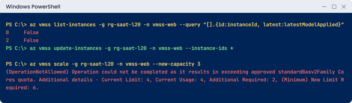 Azure VM scale sets errors: latestModelApplied False and a cores quota error