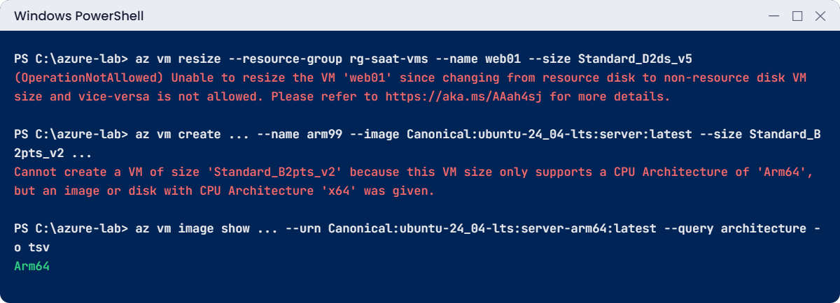 Azure VM sizes errors: temp disk resize blocked and x64 image on an Arm size