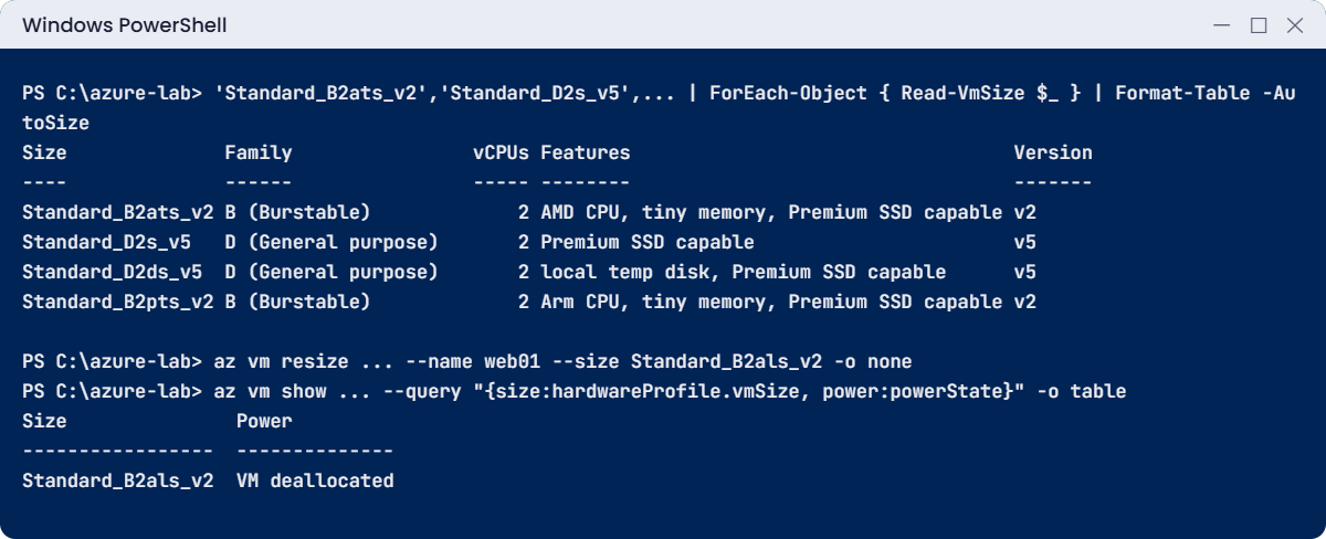 Azure VM sizes lab: Read-VmSize output and a resize while deallocated