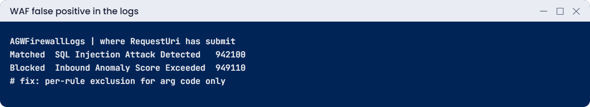 WAF firewall log showing a false positive on a SQL form field