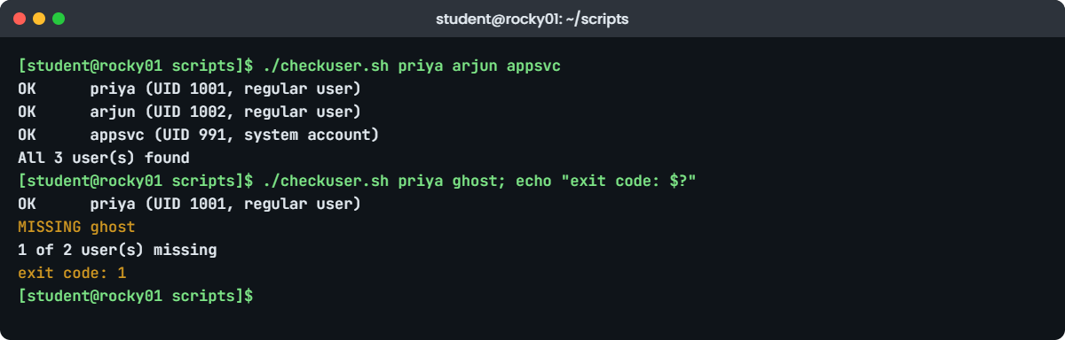 Bash scripting basics lab: checkuser.sh output and exit codes on rocky01