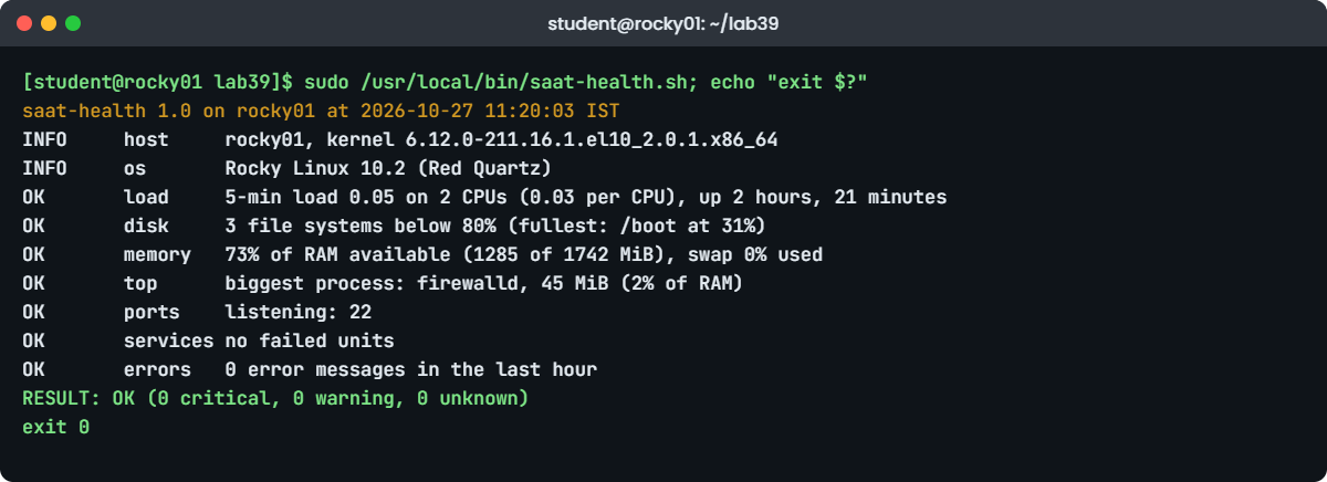 Bash scripting for admins lab: saat-health.sh report on rocky01