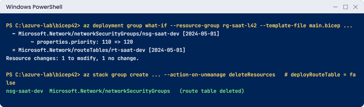 Bicep modules lab: what-if output and a stack cleaning up a removed module