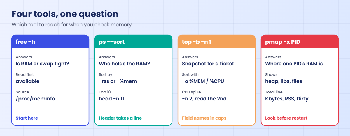 Check memory usage in Linux: free, ps, top and pmap compared side by side