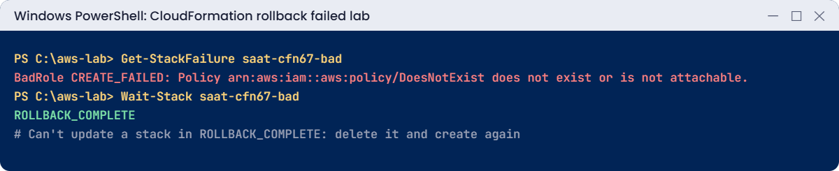 CloudFormation lab output: first failure event and ROLLBACK_COMPLETE