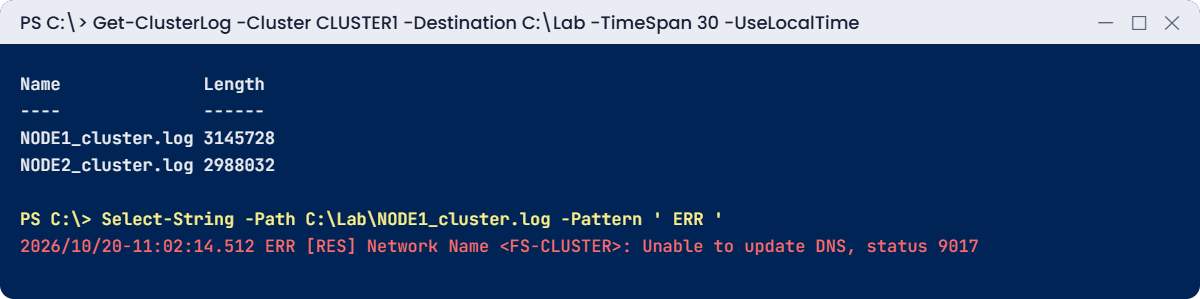 Cluster troubleshooting lab: generating and searching the cluster log