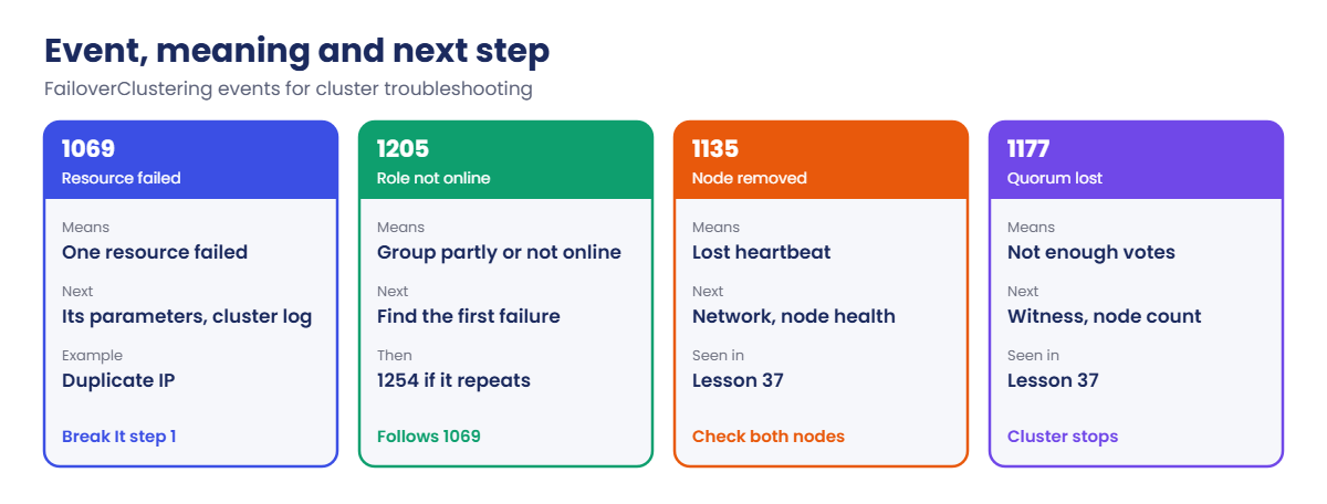 Cluster troubleshooting events 1069, 1205, 1135 and 1177 with next steps