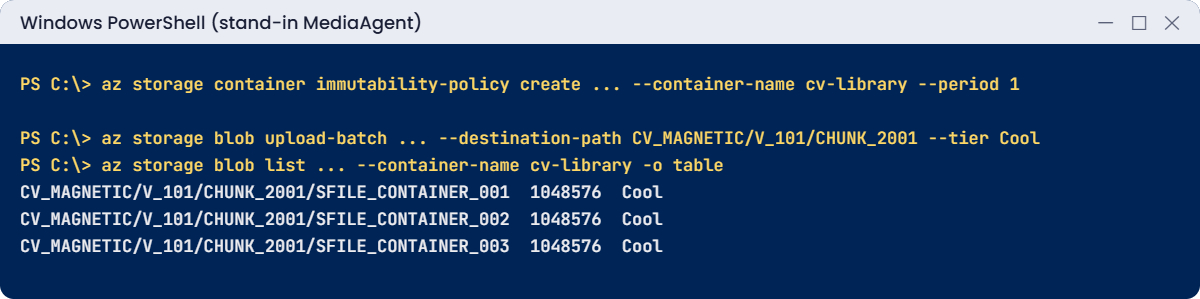 Commvault Azure Blob simulated lab: chunks written with a retention lock