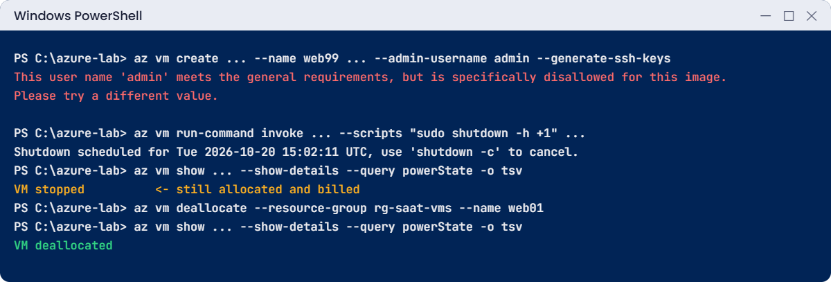 Create Azure VM errors: disallowed admin name and a stopped VM still billed