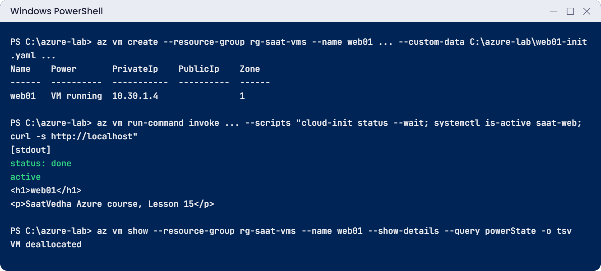 Create Azure VM lab: web01 created, cloud-init done, deallocated