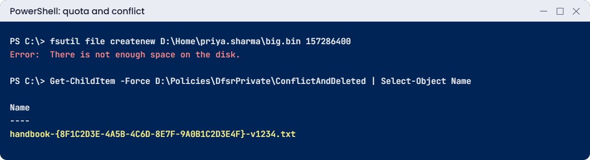 DFS namespace lab: hard quota error and a DFSR conflict file