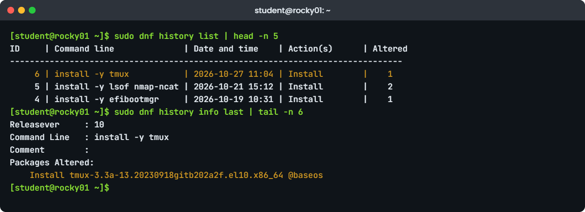 DNF package management lab: dnf history list and info on rocky01
