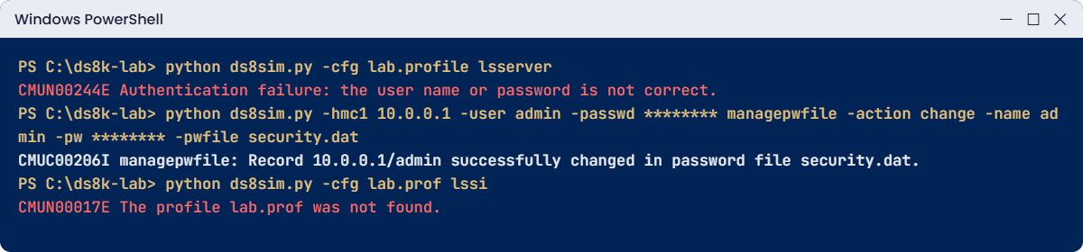 DS CLI profile errors: stale password file and missing profile
