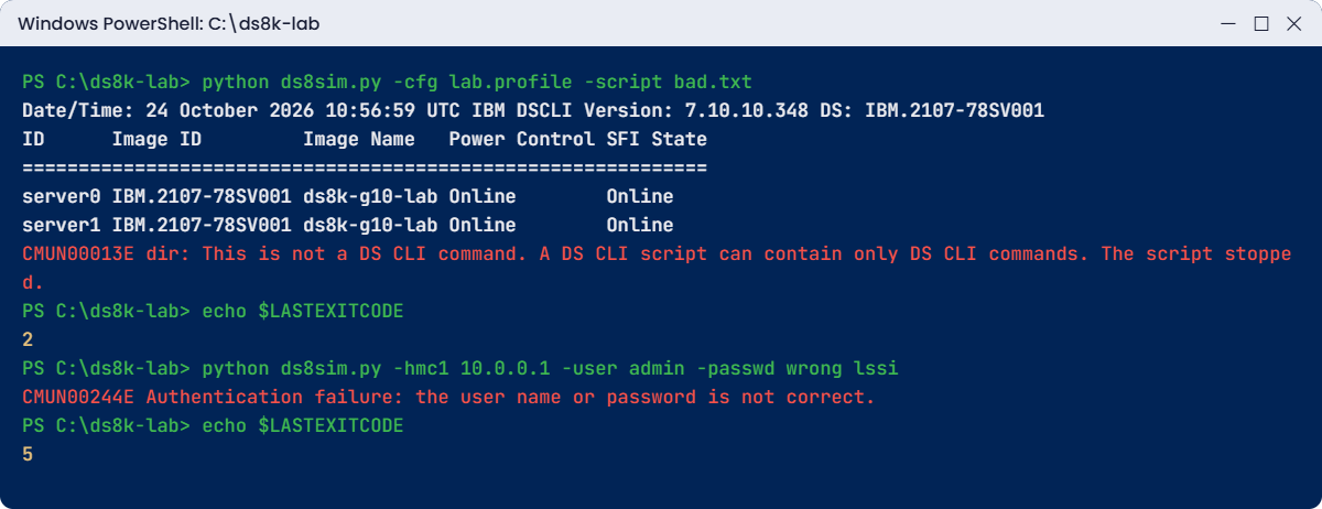 Practice shell errors: shell command in a DS CLI script (code 2) and wrong password (code 5)